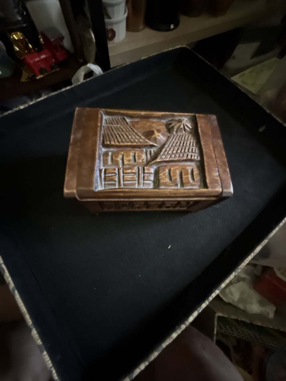 Vintage Hand-Carved Wood Jewelry Box with Honduras Village Scene Relief